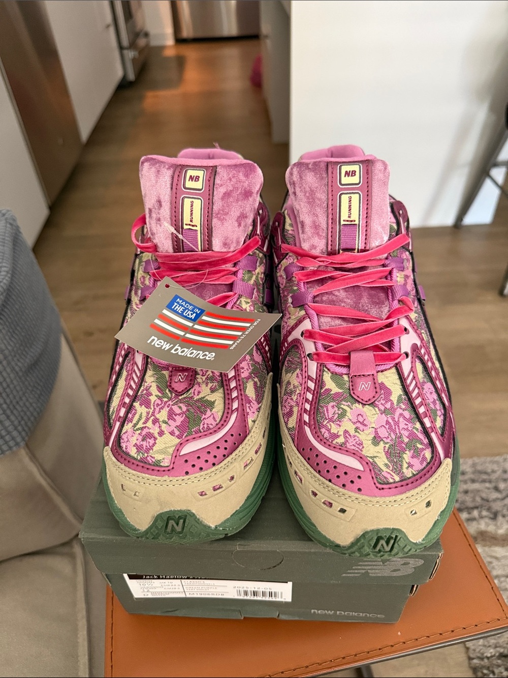 New Balance Pink Floral Sneakers with Green Soles